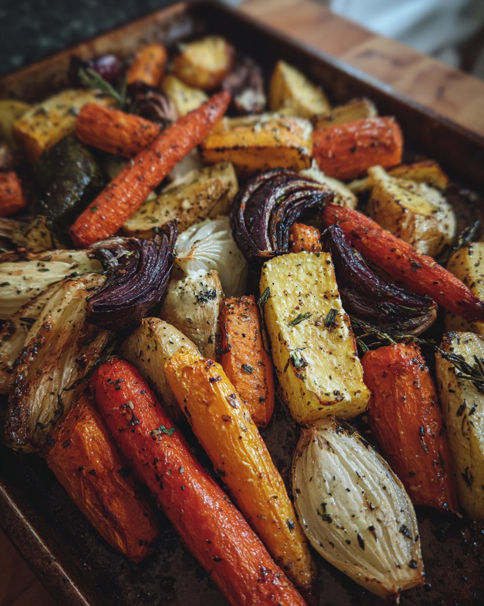 A tray of colorful Roasted Veggie, including carrots, potatoes, and onions, seasoned with herbs.