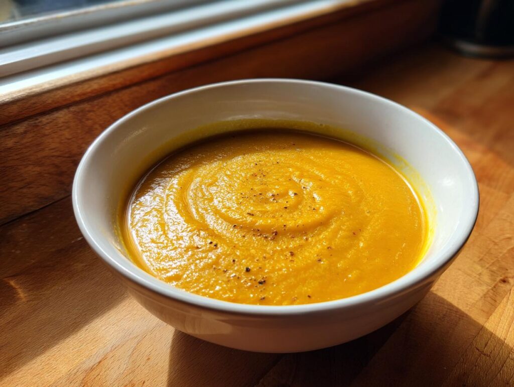 A bowl of creamy Roasted Winter Vegetable Soup, garnished with pepper, sits on a wooden surface.