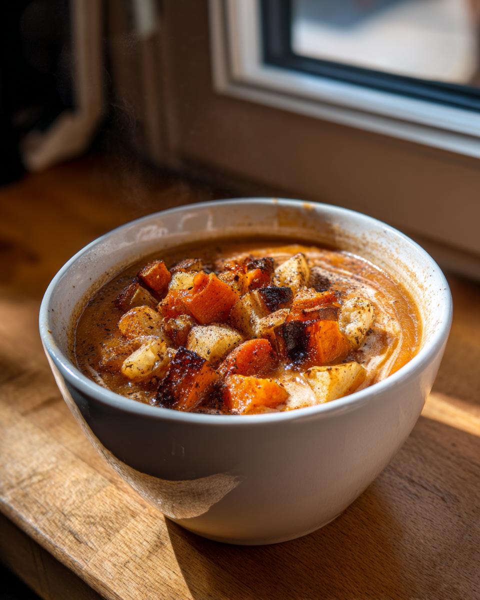 A steaming bowl of Roasted Winter Vegetable Soup with visible chunks of roasted vegetables and a creamy swirl.
