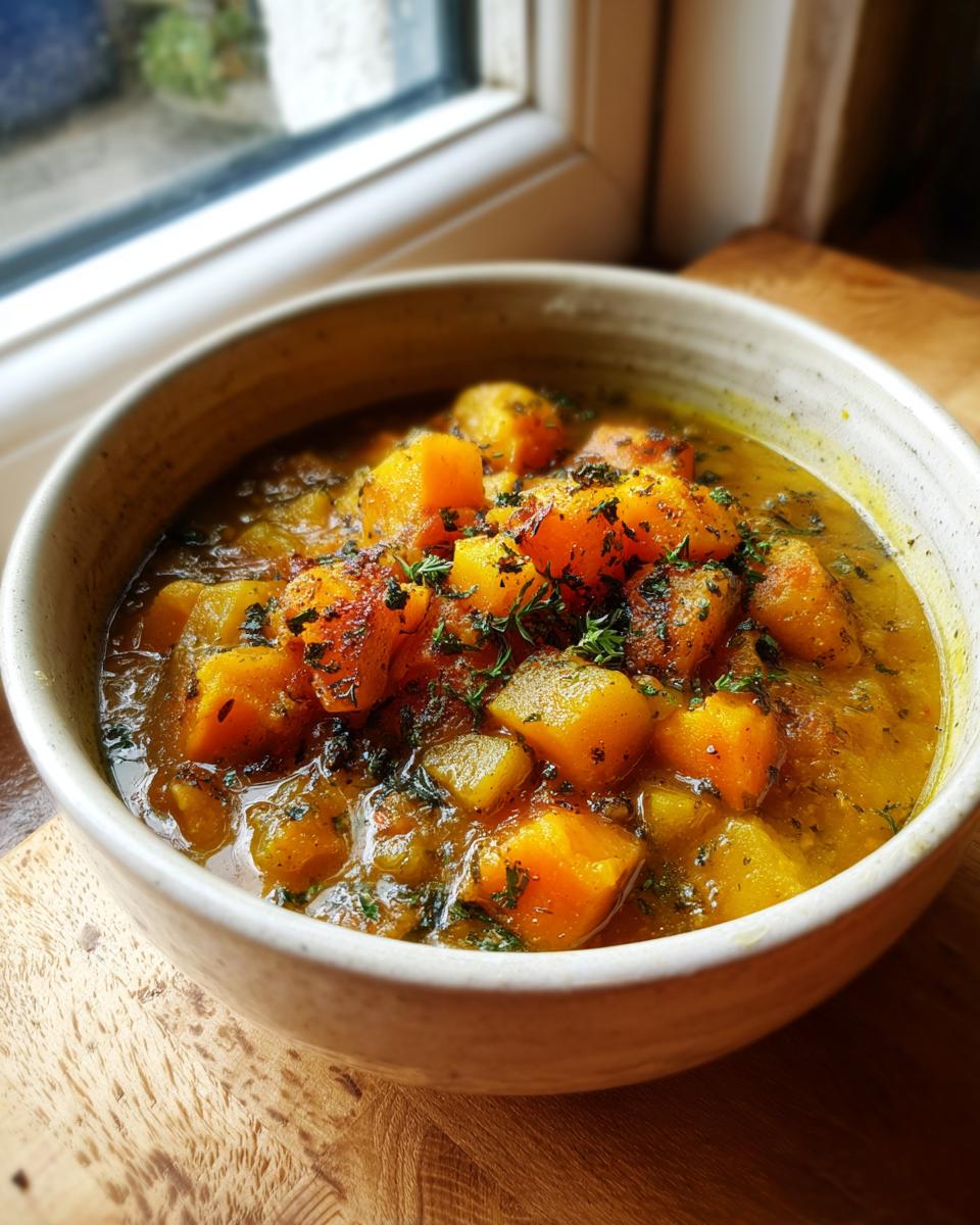 A bowl of hearty Roasted Winter Vegetable Soup, garnished with fresh herbs, sits on a wooden surface near a window.