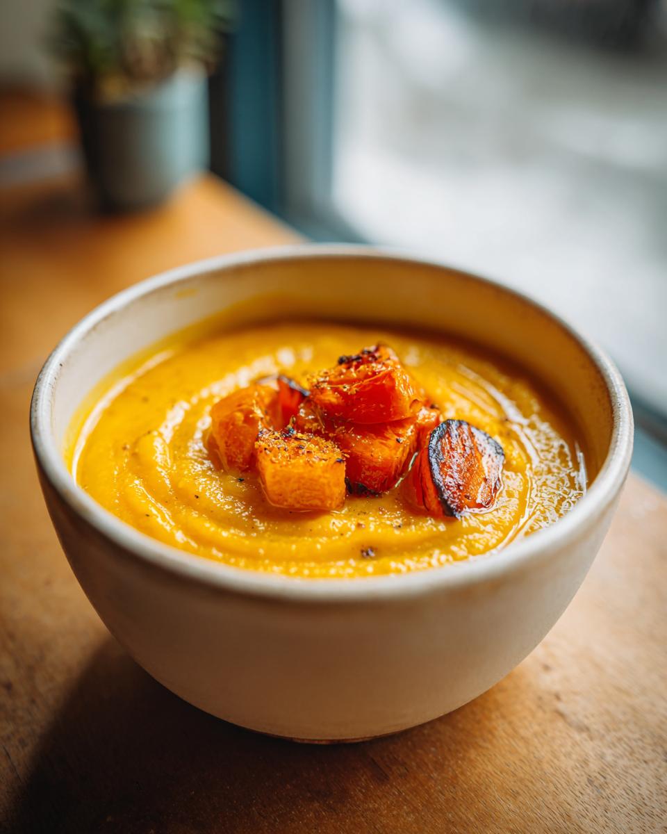 A bowl of creamy Roasted Winter Vegetable Soup topped with roasted vegetable cubes.