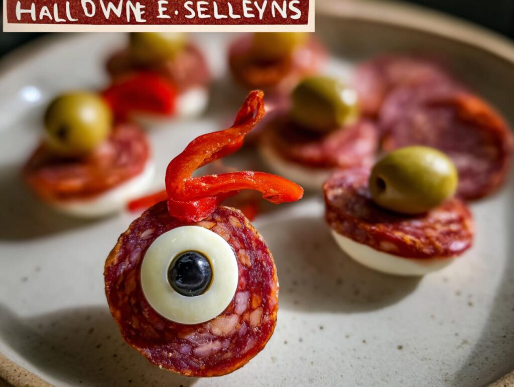 Creepy Salami Mozzarella Eyeballs halloween Recipe, featuring salami, mozzarella, olive, and red pepper.
