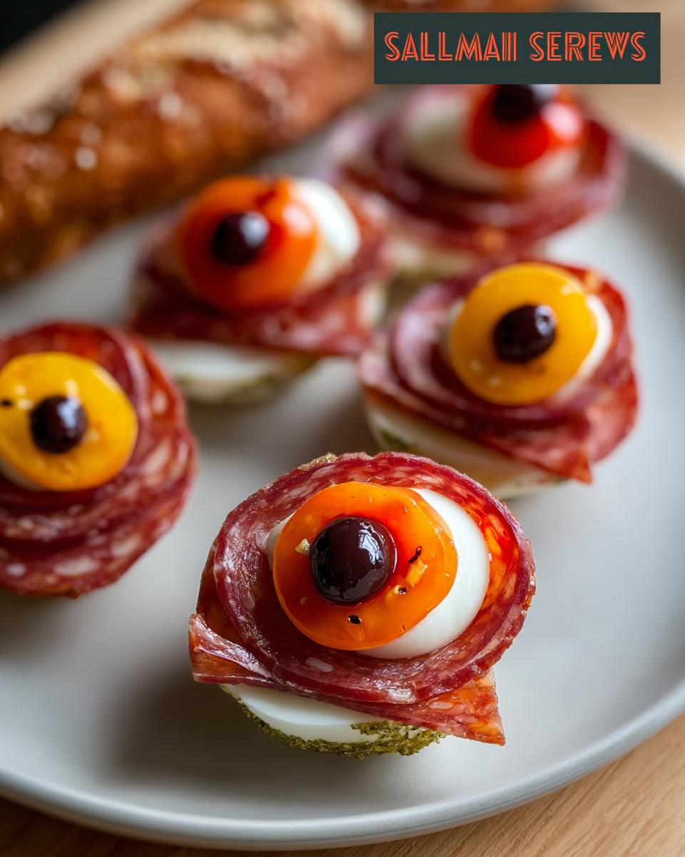 Close-up of Salami Mozzarella Eyeballs Halloween Recipe appetizers on a plate, ready to be served.