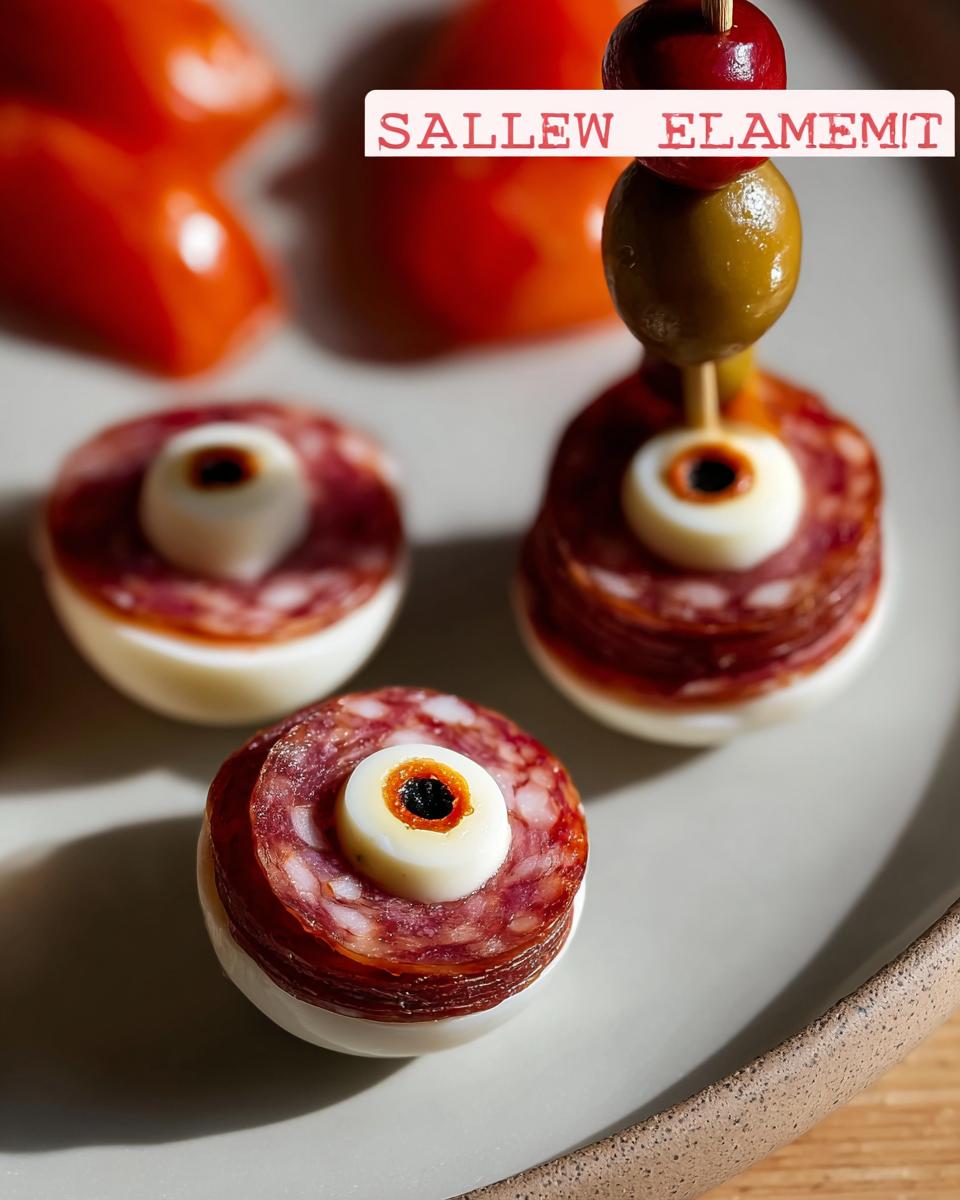 Close-up of Salami Mozzarella Eyeballs, a spooky Halloween recipe with salami, mozzarella, and olive garnish.