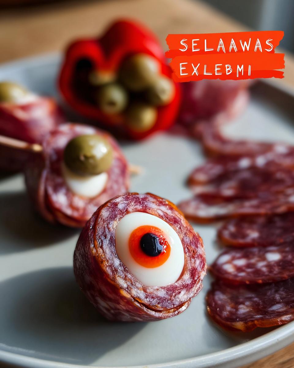 Close-up of a Salami Mozzarella Eyeballs halloween Recipe, featuring salami wrapped around a mozzarella ball with a black olive pupil.
