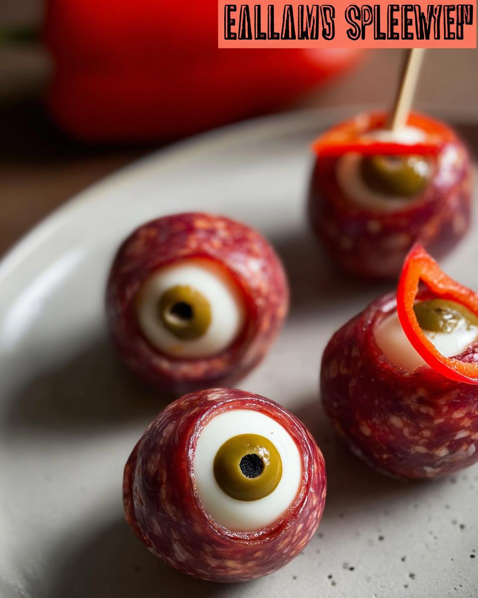 Creepy Salami Mozzarella Eyeballs, a Halloween recipe featuring salami, mozzarella, and olive 'pupils'.