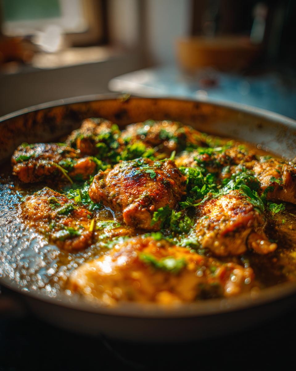Pan of Salsa Verde Chicken, garnished with fresh herbs, ready to serve. One pan meal.
