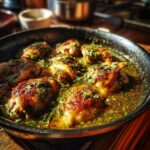 Pan of Salsa Verde Chicken, featuring juicy chicken thighs in a vibrant green sauce and garnished with fresh herbs.
