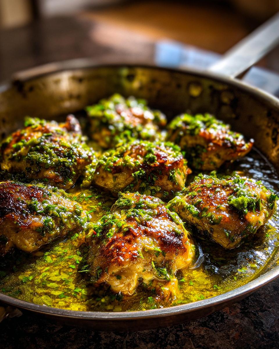 A pan filled with juicy Salsa Verde Chicken, glistening with sauce and garnished with fresh herbs.