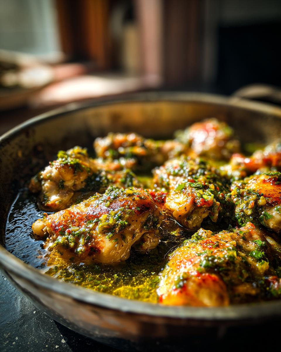 Close-up of Salsa Verde Chicken thighs in a pan, coated in a vibrant green sauce.