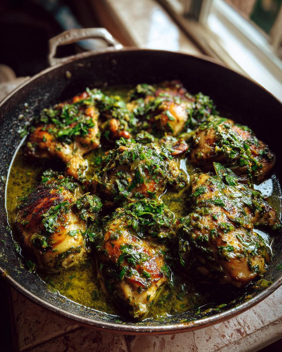 A pan filled with Salsa Verde Chicken, showcasing the vibrant green sauce and perfectly cooked chicken pieces.
