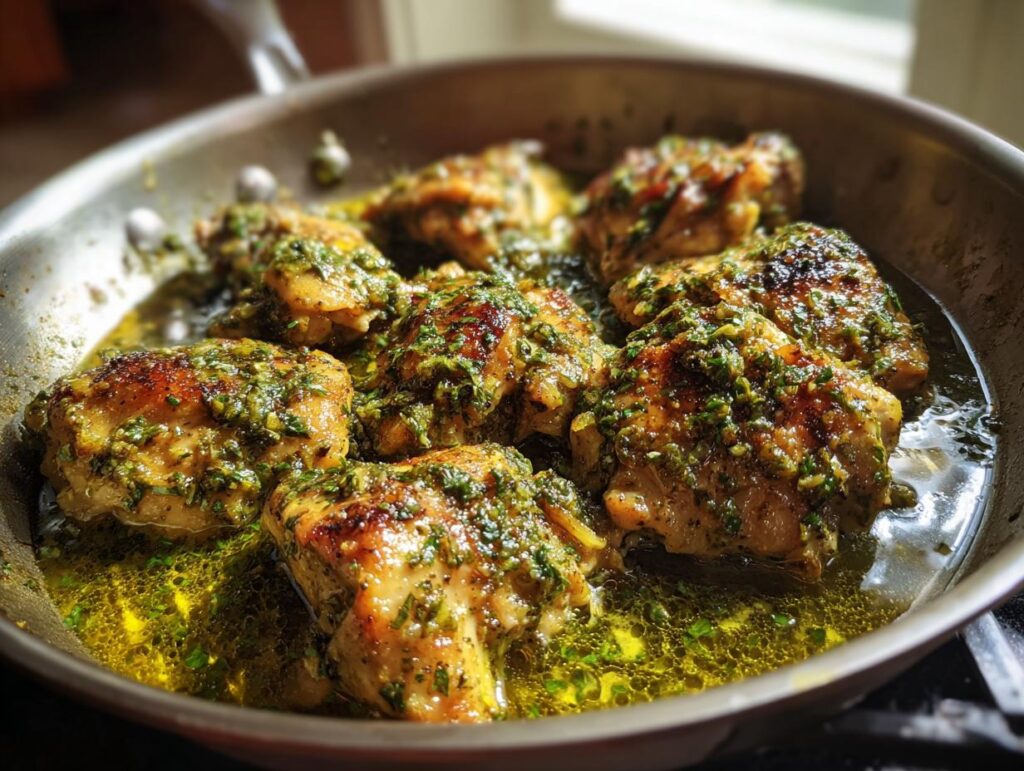Close-up of Salsa Verde Chicken thighs in a skillet, coated in a vibrant green sauce.