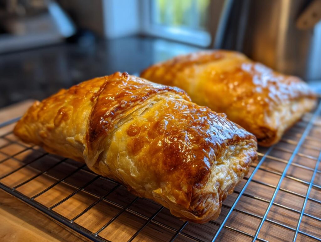 Two golden brown Savory French Onion Sausage Rolls cooling on a wire rack, fresh from the oven.