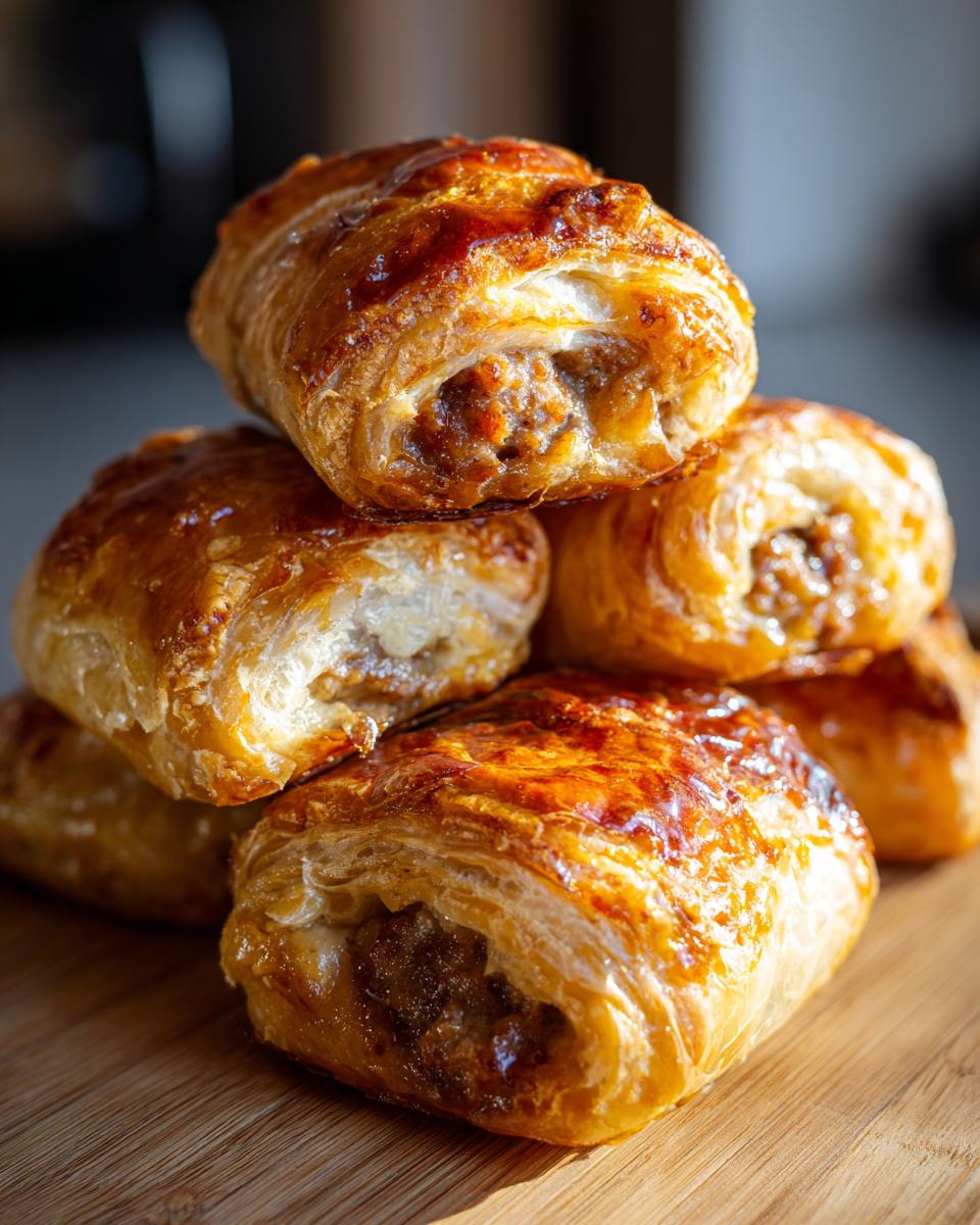 A stack of golden brown, freshly baked Savory French Onion Sausage Rolls on a wooden board.