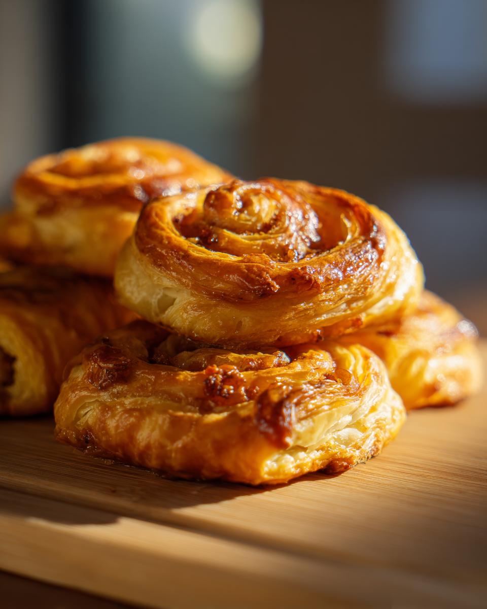 A stack of golden brown Savory French Onion Sausage Rolls on a wooden board.