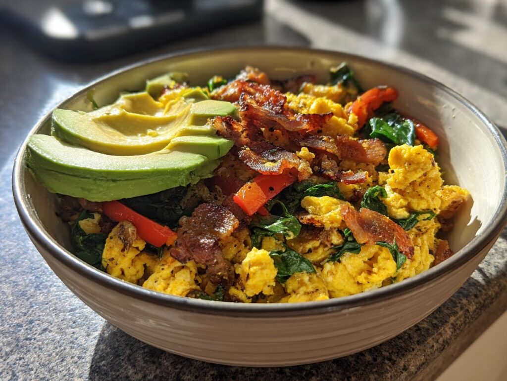 A delicious Savory Keto Breakfast Bowl with scrambled eggs, bacon, spinach, red peppers, and avocado slices.