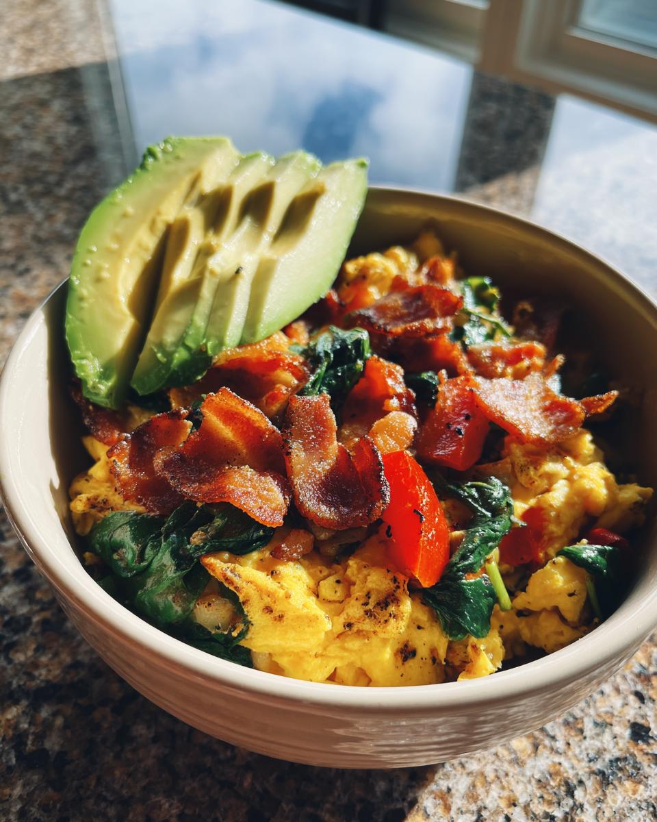 A delicious Savory Keto Breakfast Bowl with scrambled eggs, bacon, spinach, and avocado.