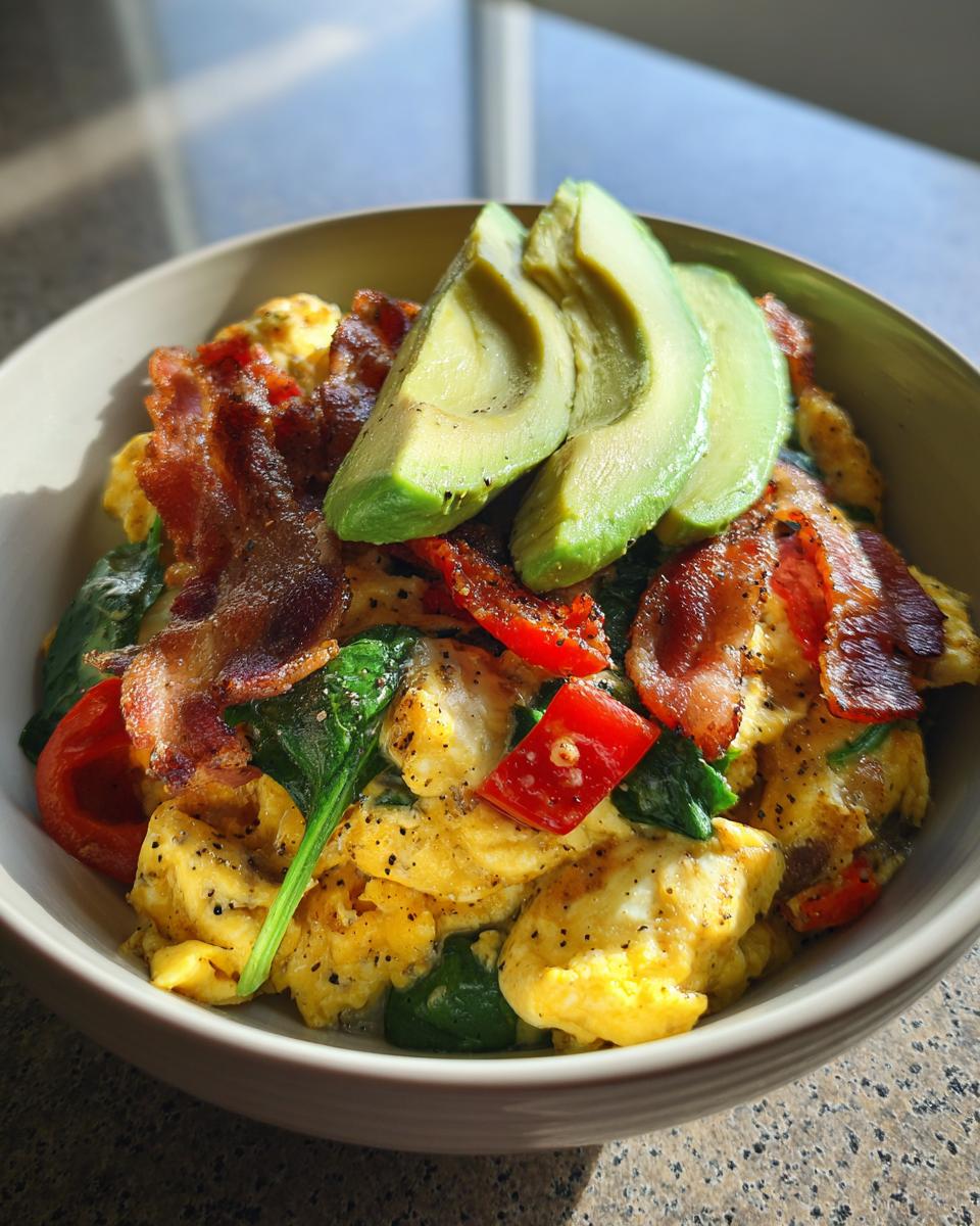 A vibrant Savory Keto Breakfast Bowl featuring scrambled eggs, spinach, red peppers, bacon, and avocado slices.