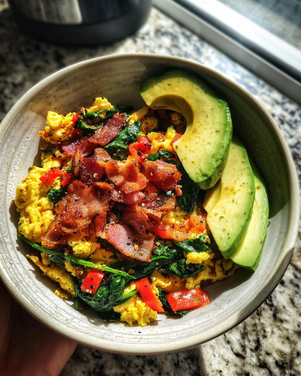 A delicious Savory Keto Breakfast Bowl with scrambled eggs, spinach, red peppers, bacon, and avocado slices.