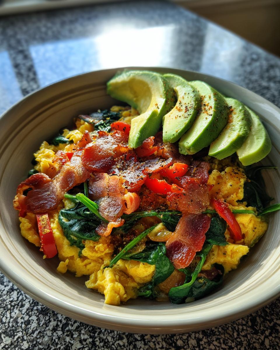 A vibrant Savory Keto Breakfast Bowl with scrambled eggs, spinach, bacon, red peppers, and sliced avocado.