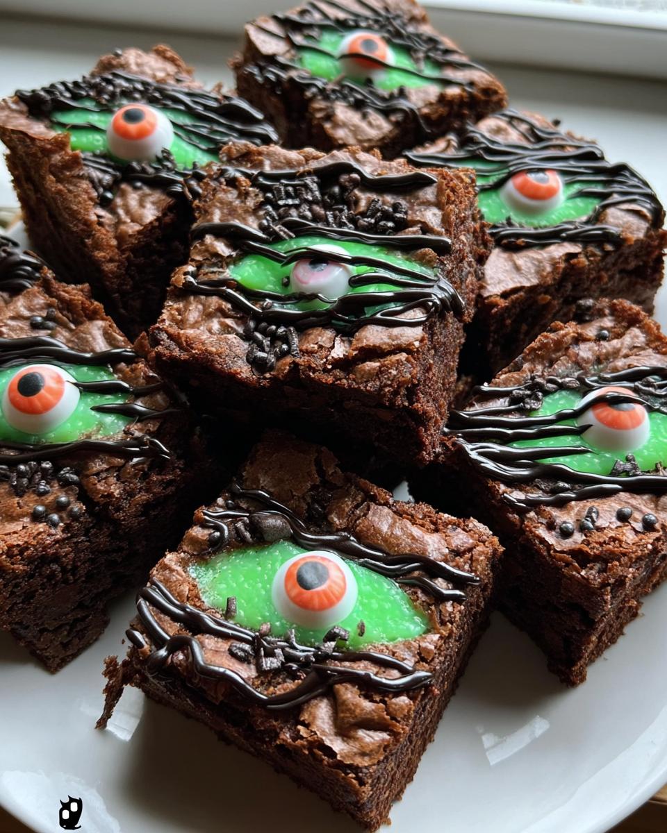 Pile of scary Halloween brownies decorated with green frosting, chocolate drizzle, sprinkles, and candy eyeballs.