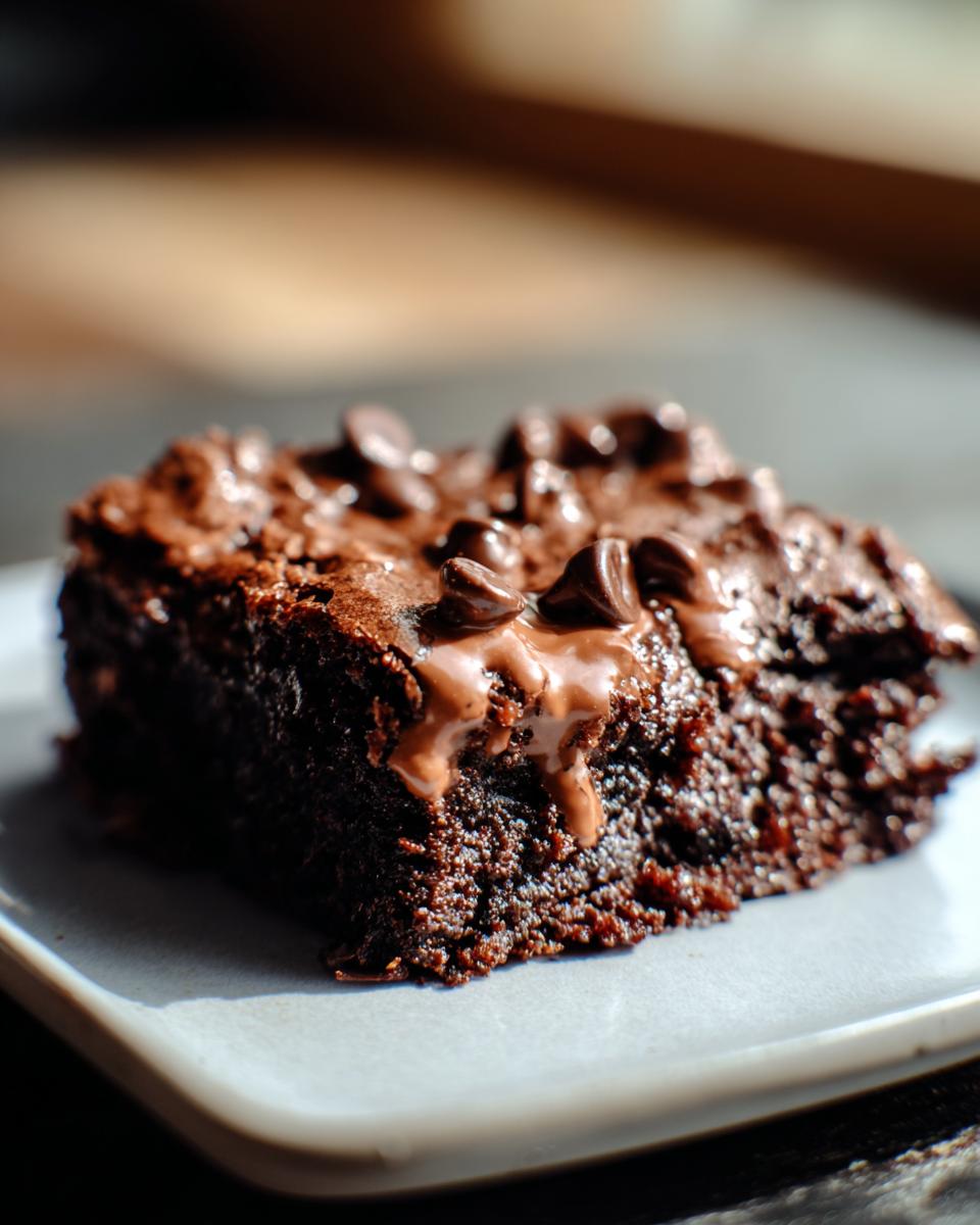 A single Secretly Healthy Zucchini Brownie topped with chocolate chips, sitting on a square plate.