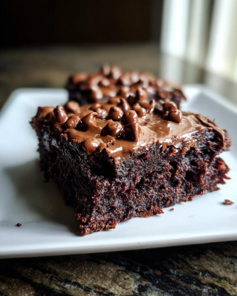 Two secretly healthy zucchini brownies topped with chocolate frosting and chocolate chips on a white plate.