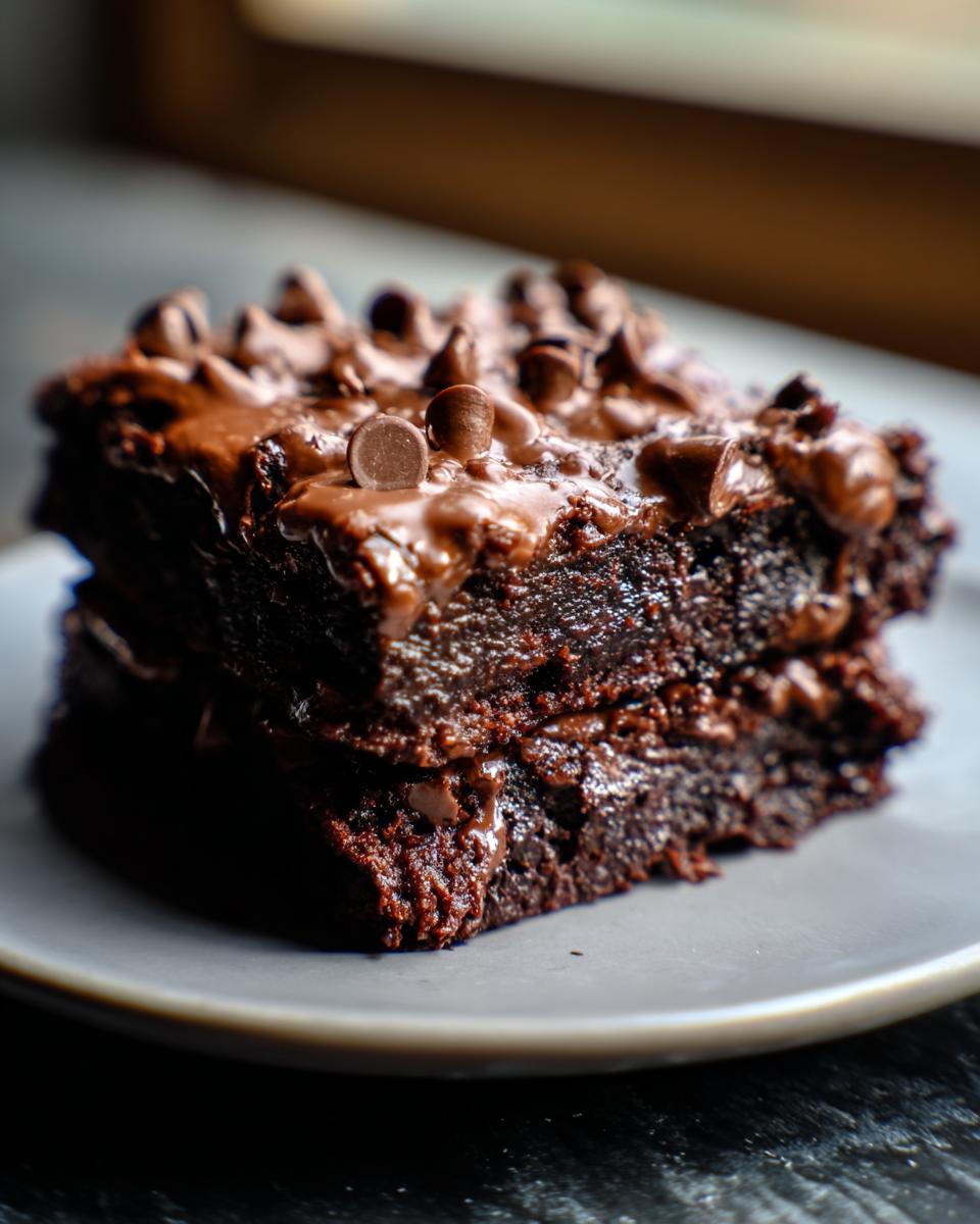 A stack of fudgy Secretly Healthy Zucchini Brownies topped with chocolate chips on a gray plate.