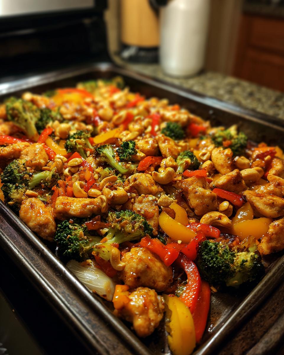 A sheet pan filled with Sheet Pan Cashew Chicken, featuring chicken, broccoli, red and yellow peppers, and cashews.