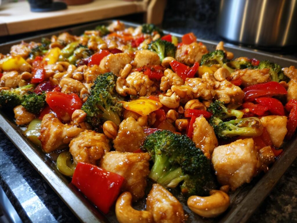 Sheet Pan Cashew Chicken featuring chicken, cashews, broccoli, and colorful bell peppers.