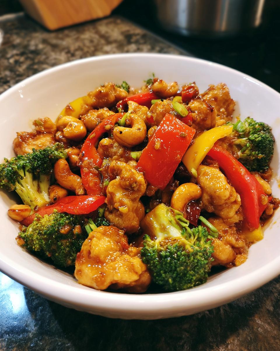 A bowl of delicious Sheet Pan Cashew Chicken with broccoli, peppers, and cashews.