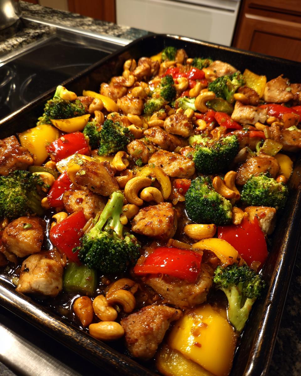 A sheet pan filled with Sheet Pan Cashew Chicken, broccoli florets, red and yellow bell peppers, and cashews.