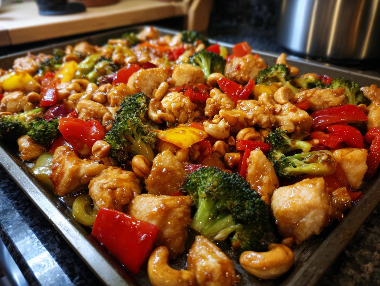 Sheet Pan Cashew Chicken featuring chicken, cashews, broccoli, and colorful bell peppers.