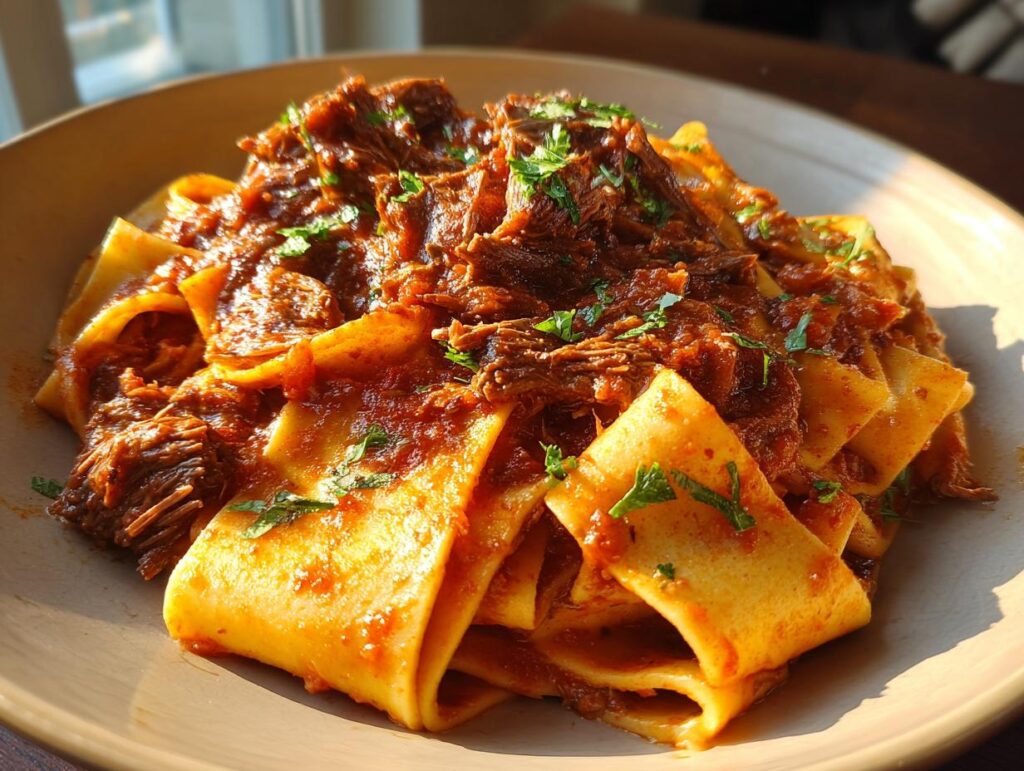 A plate of Short Rib Ragu with Pappardelle, garnished with fresh herbs, ready to be served.