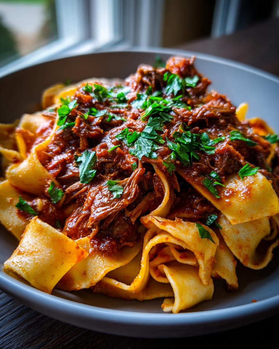 A bowl of Short Rib Ragu with Pappardelle, garnished with fresh parsley, ready to serve.