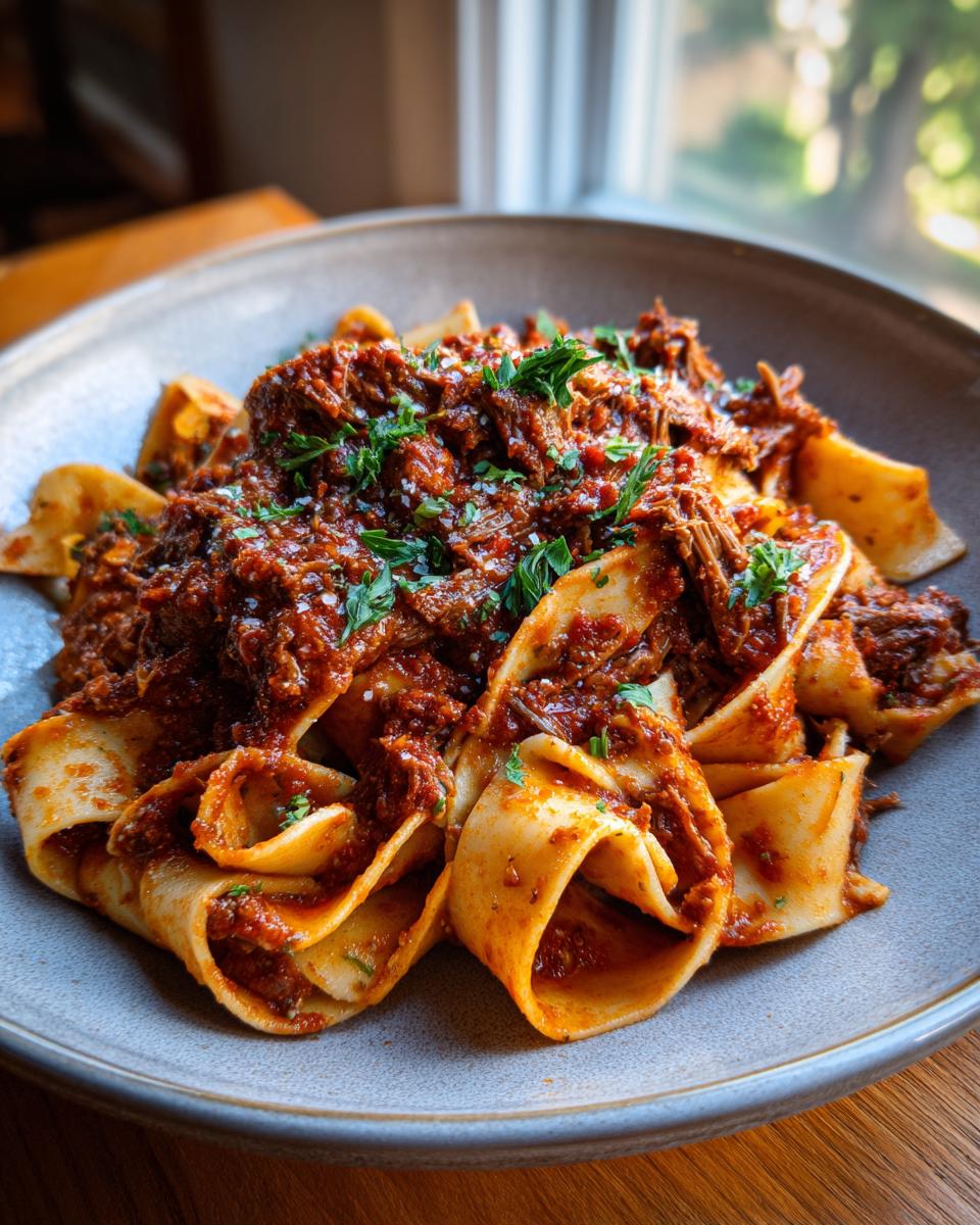 A delicious plate of Short Rib Ragu with Pappardelle, garnished with fresh herbs.