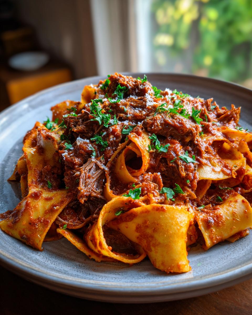 A plate of Short Rib Ragu with Pappardelle, garnished with parsley and cheese.