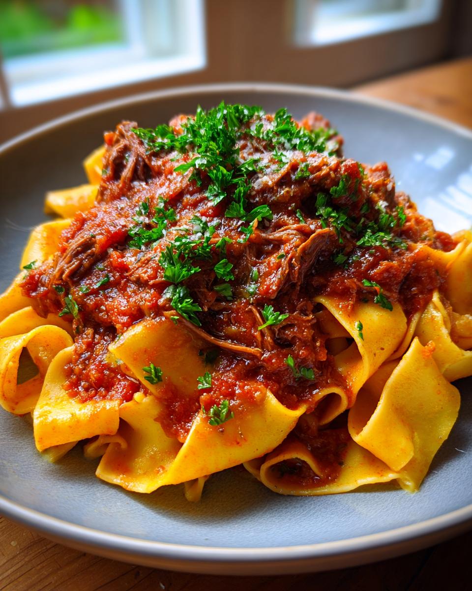 A plate of Short Rib Ragu with Pappardelle, topped with fresh parsley.
