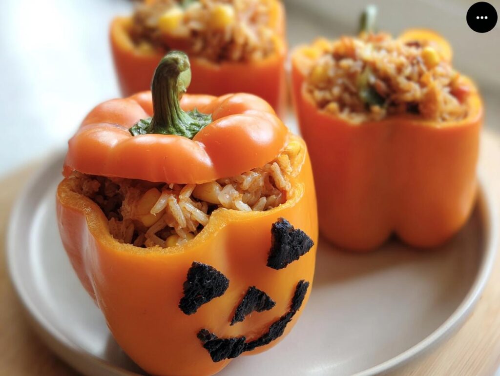Orange bell pepper carved with a jack-o'-lantern face, stuffed with shredded chicken rice for SHREDDED CHICKEN RICE STUFFED PEPPERS HALLOWEEN.