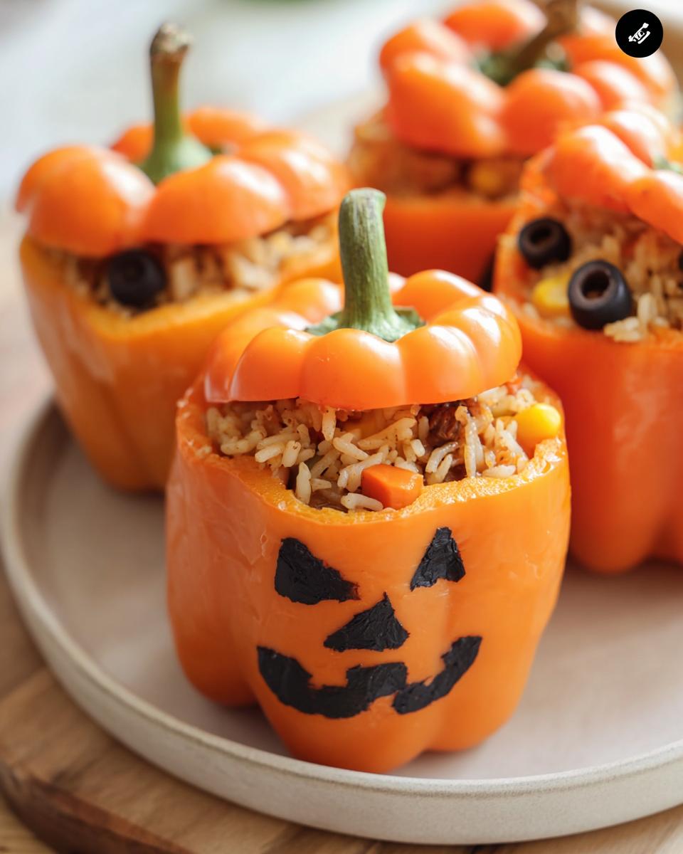 Orange bell peppers carved as jack-o'-lanterns, filled with shredded chicken rice for SHREDDED CHICKEN RICE STUFFED PEPPERS HALLOWEEN.