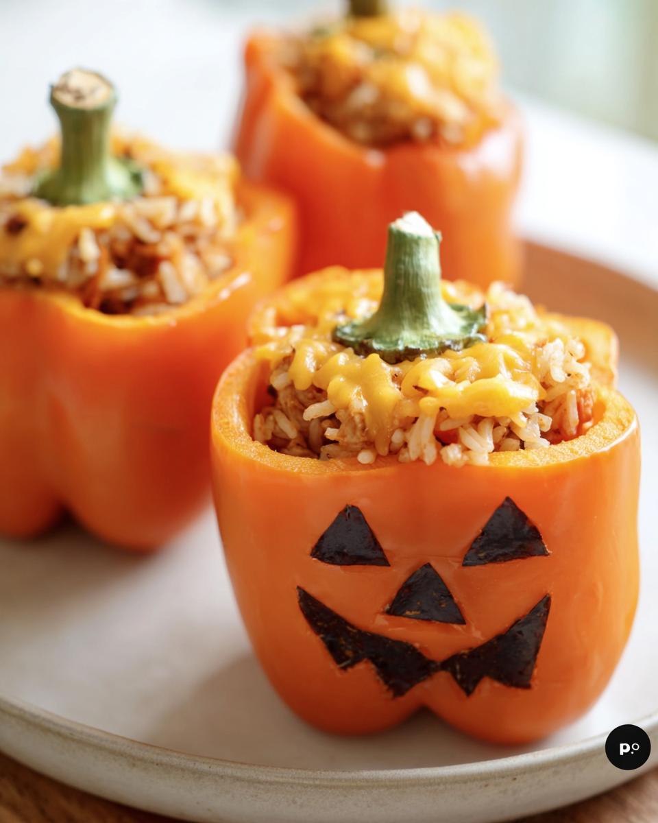 Orange bell pepper carved with a jack-o'-lantern face and stuffed with shredded chicken rice for a SHREDDED CHICKEN RICE STUFFED PEPPERS HALLOWEEN meal.
