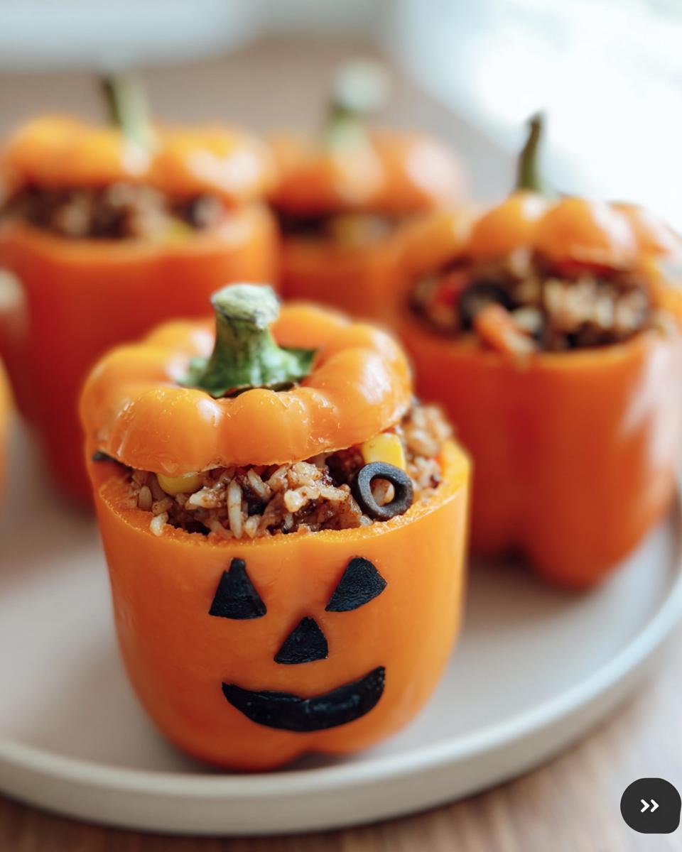 Orange bell pepper carved with a jack-o'-lantern face, filled with shredded chicken rice for SHREDDED CHICKEN RICE STUFFED PEPPERS HALLOWEEN.