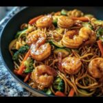 A pan filled with Shrimp Stir with Noodles, featuring shrimp, noodles, broccoli, carrots, and zucchini.