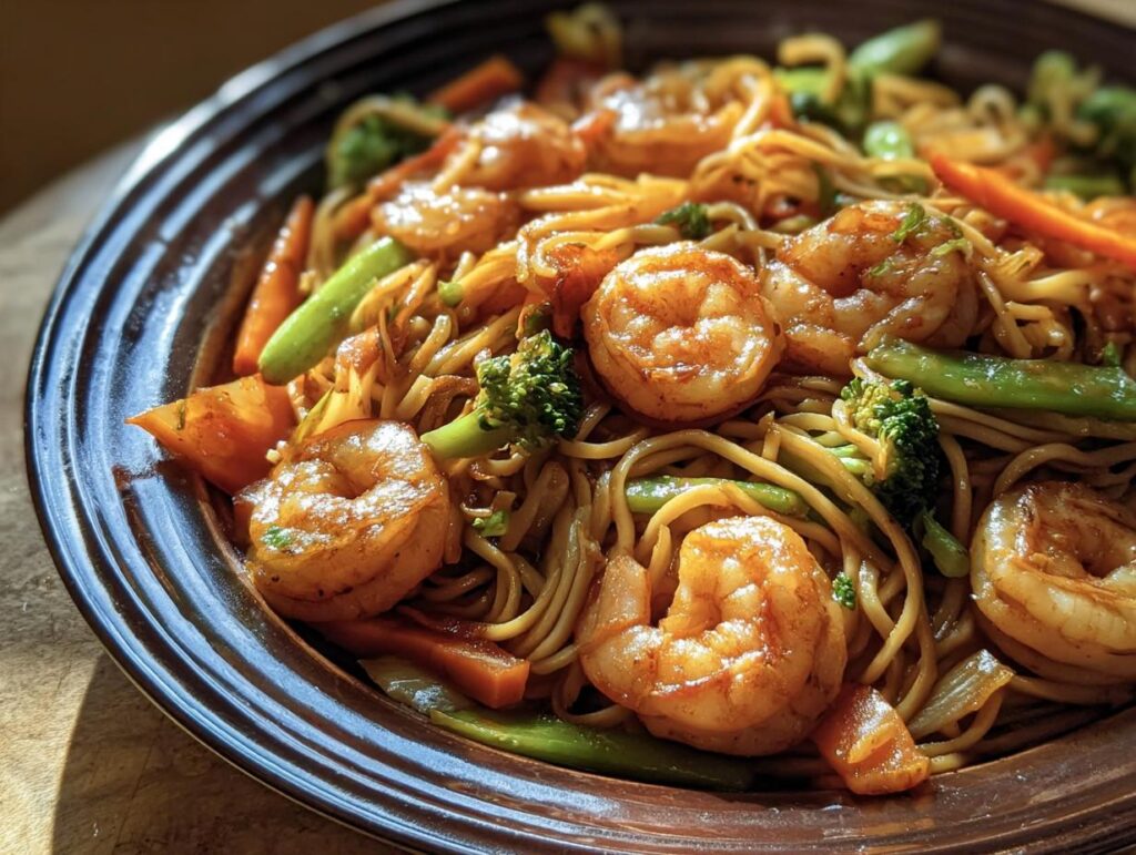 Close-up of Shrimp Stir with Noodles, featuring shrimp, noodles, broccoli and carrots.