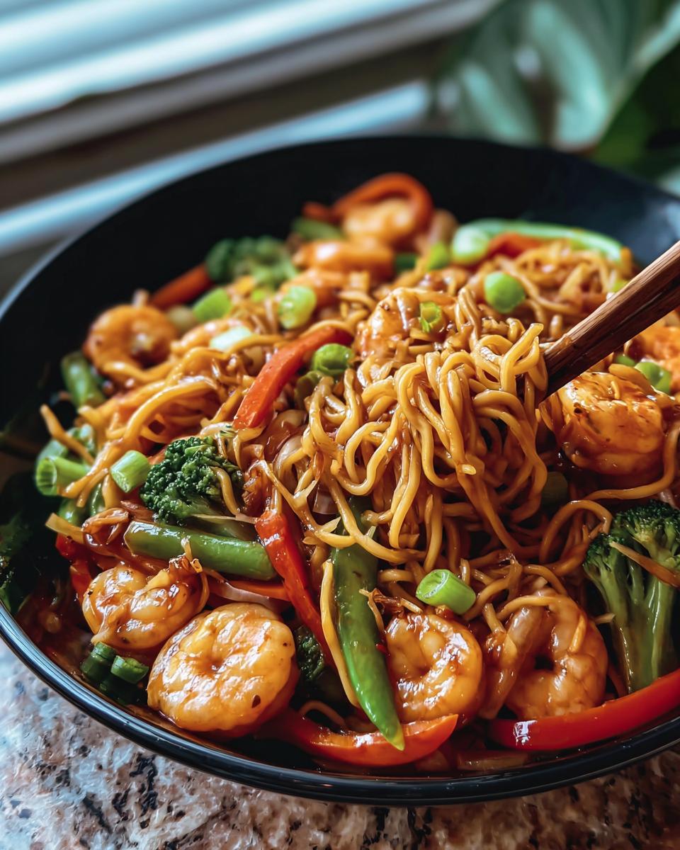 A bowl of Shrimp Stir with Noodles, featuring shrimp, noodles, broccoli, and red peppers, being lifted with chopsticks.