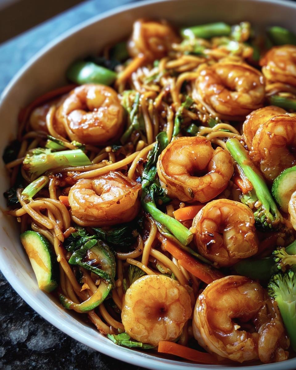 Close-up of a bowl of Shrimp Stir with Noodles, featuring shrimp, noodles, and mixed vegetables.