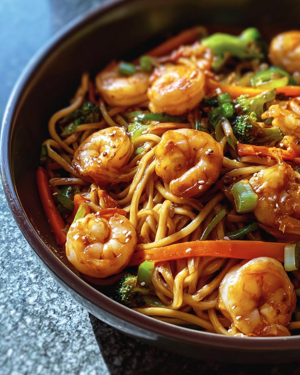 Close-up of Shrimp Stir with Noodles, featuring shrimp, noodles, broccoli, carrots, and green peppers in a dark bowl.