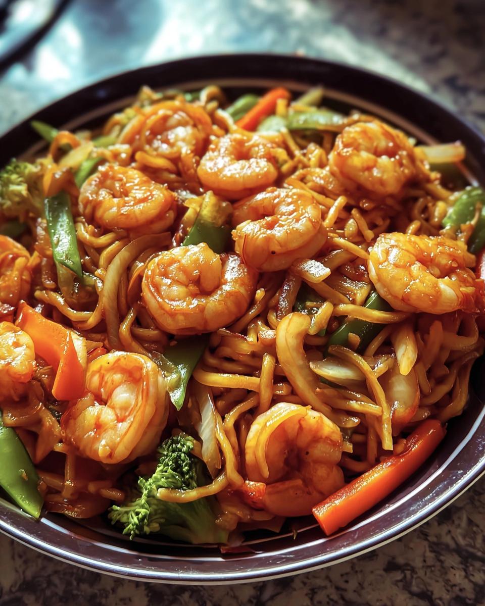 A vibrant bowl of Shrimp Stir with Noodles, featuring shrimp, noodles, and colorful vegetables.