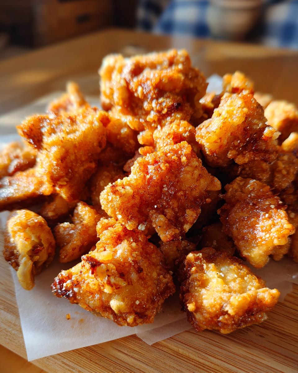 Close-up of a pile of golden, fried Simple Crunchy Artichoke Hearts on a wooden board.