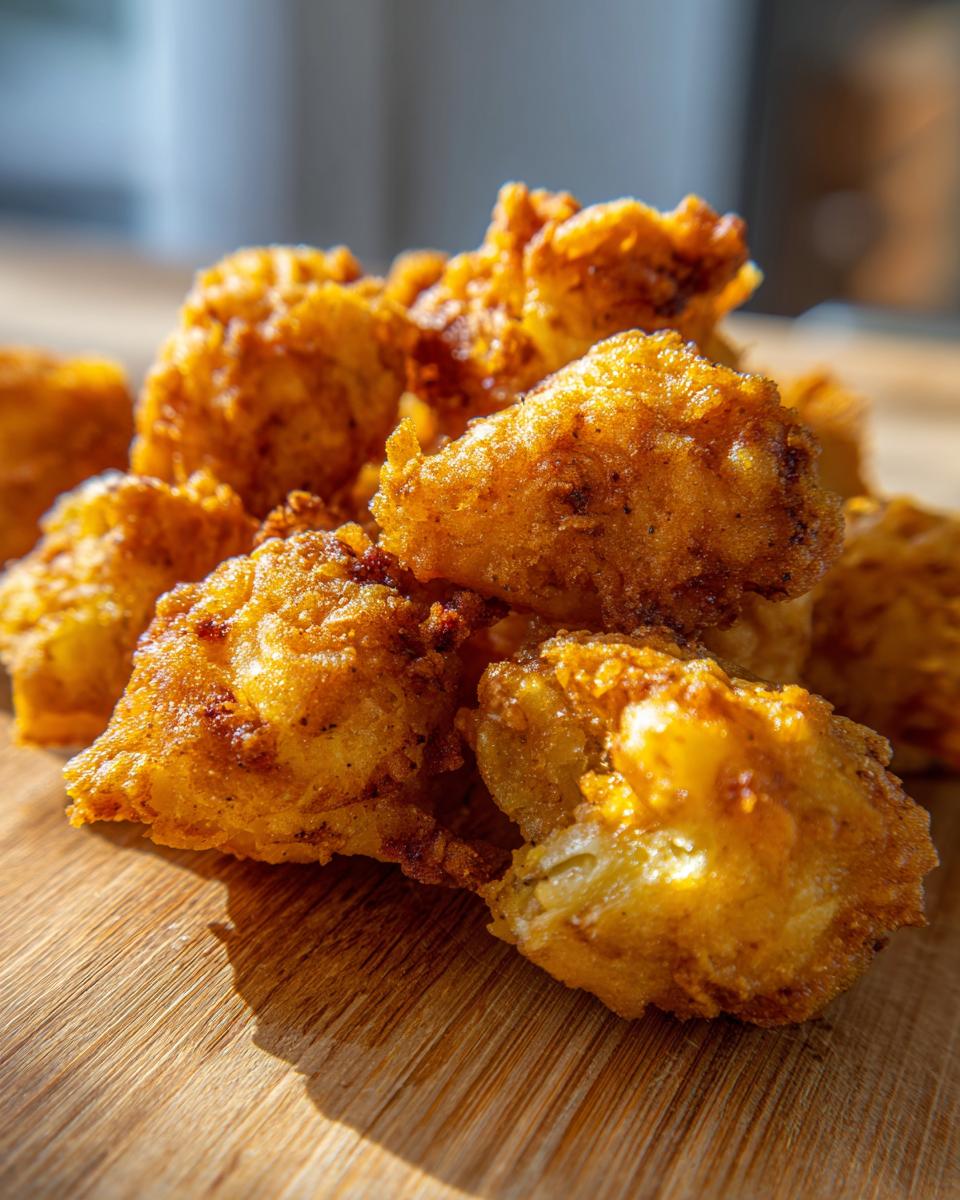 A close-up of a pile of golden, fried Simple Crunchy Artichoke Hearts on a wooden surface.